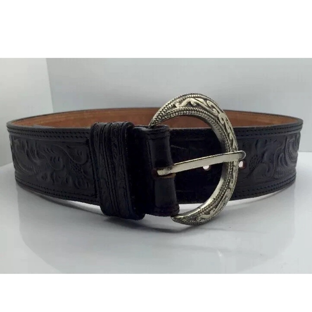 HAND TOOLED BLACK LEATHER BELT Western Silver Engraved Buckle Sz 38 USA Nice!